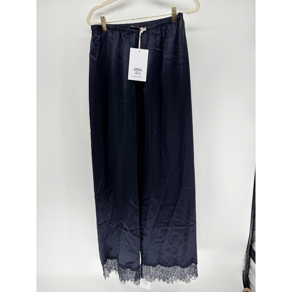 NWT Parentezi Womens Midnight Satin Pants Navy Lace Trim Small